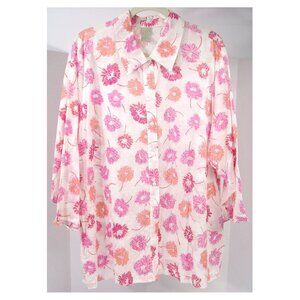 EXC Pink SIGRID OLSEN 3X Romantic Floral Daisy Button-Down Cotton Blouse Vtg Y2K